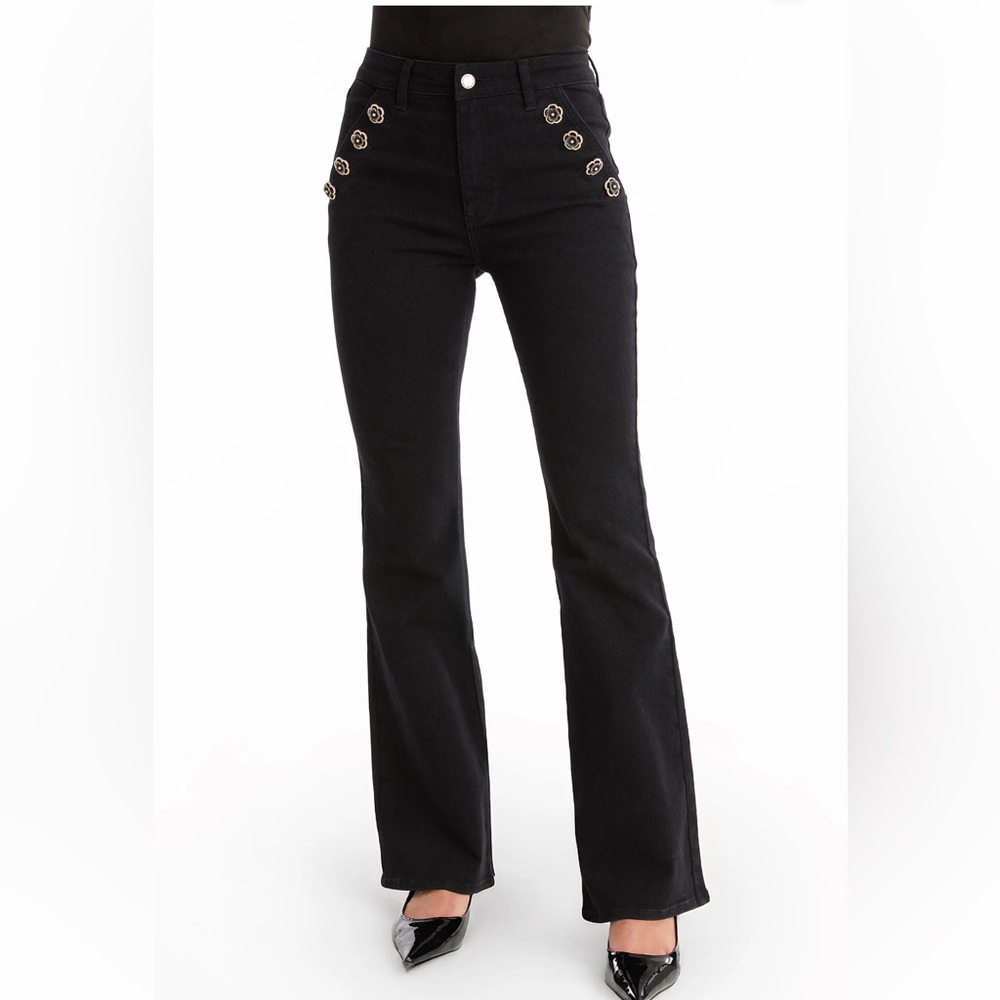 Allegra Rose Jean Noli Black Flare Jeans with Rose Button Detail - PETITE 26